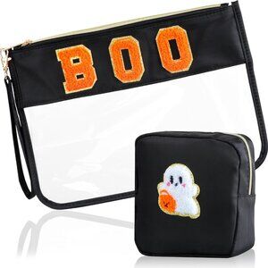 2 Pcs Halloween Gifts Cosmetic Makeup Bag with Boo Chenille Letter Patch, Clear